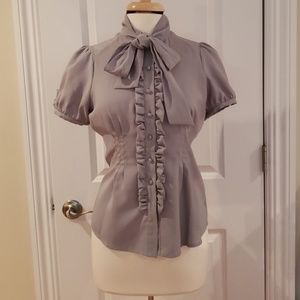 SoldBcbg grey silky ruffle blouse with button down